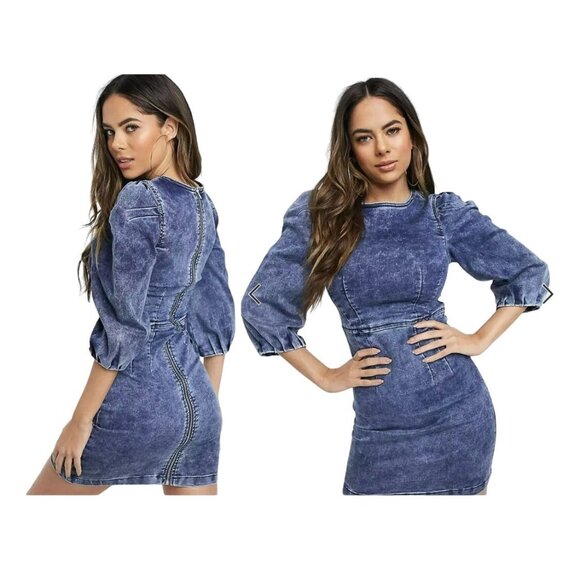 Missguided Dresses & Skirts - ⭐Parisian denim puff sleeve bodycon mini  Women's dress Size S acid wash Blue